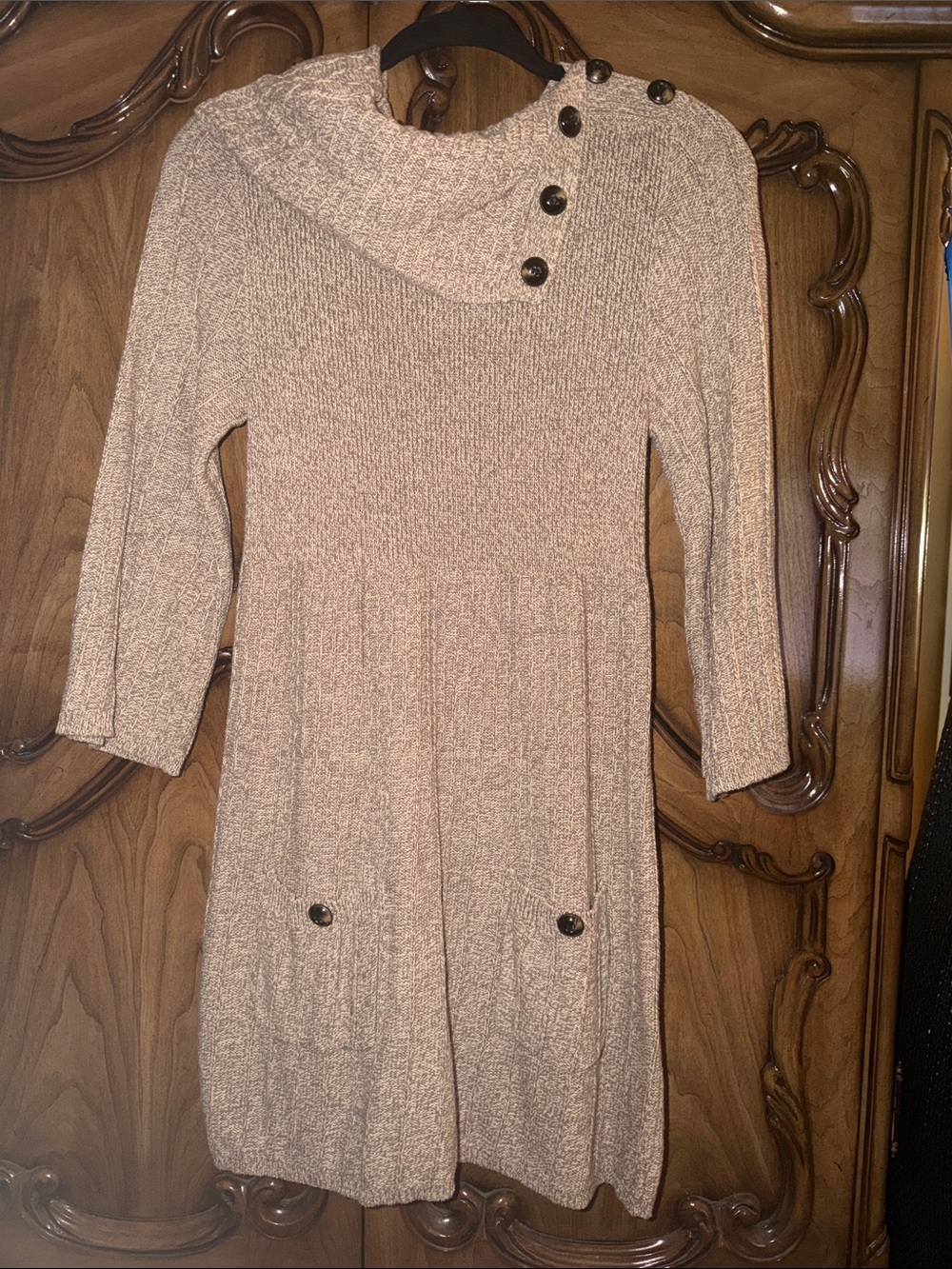 Style & Co. Taupe Button-Shoulder Knit Cowl Sweater Dress